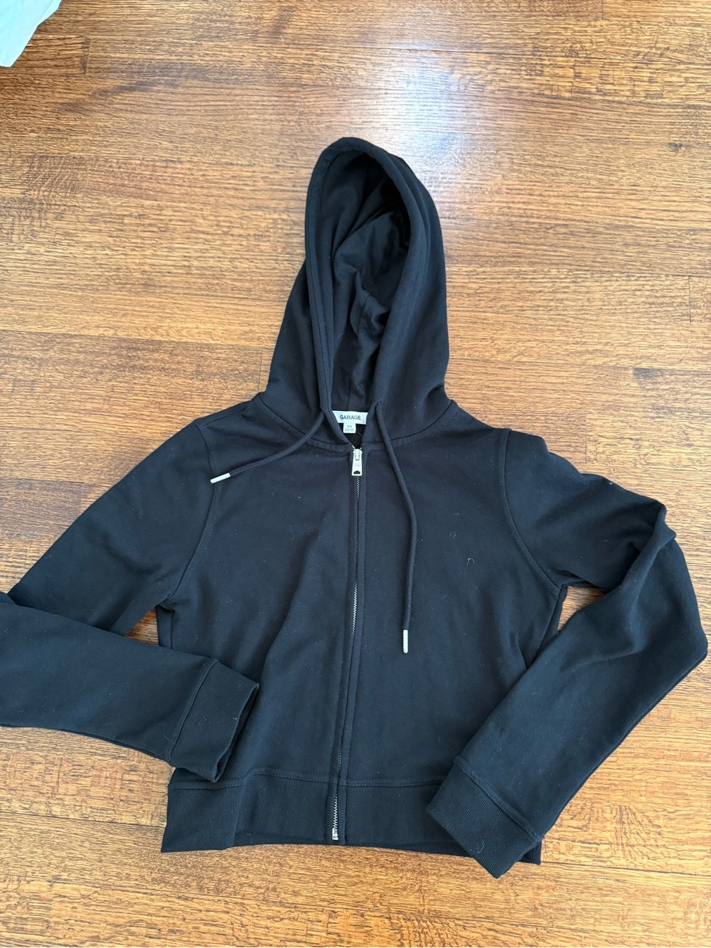 Garage Black Zip-Up Hooded Sweatshirt - slightly cropped - not overly short